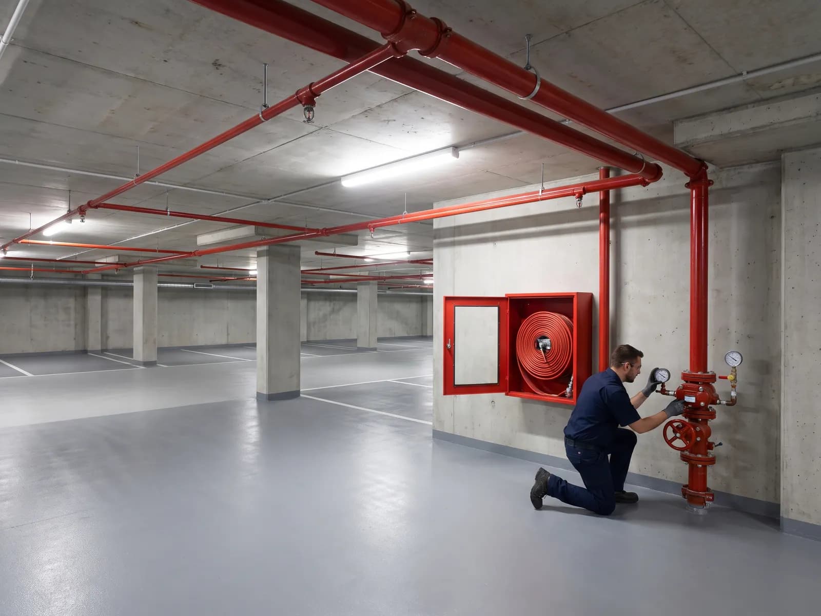 Kapalı otoparkta sprinkler hattı ve yangın dolabının basınç kontrolü